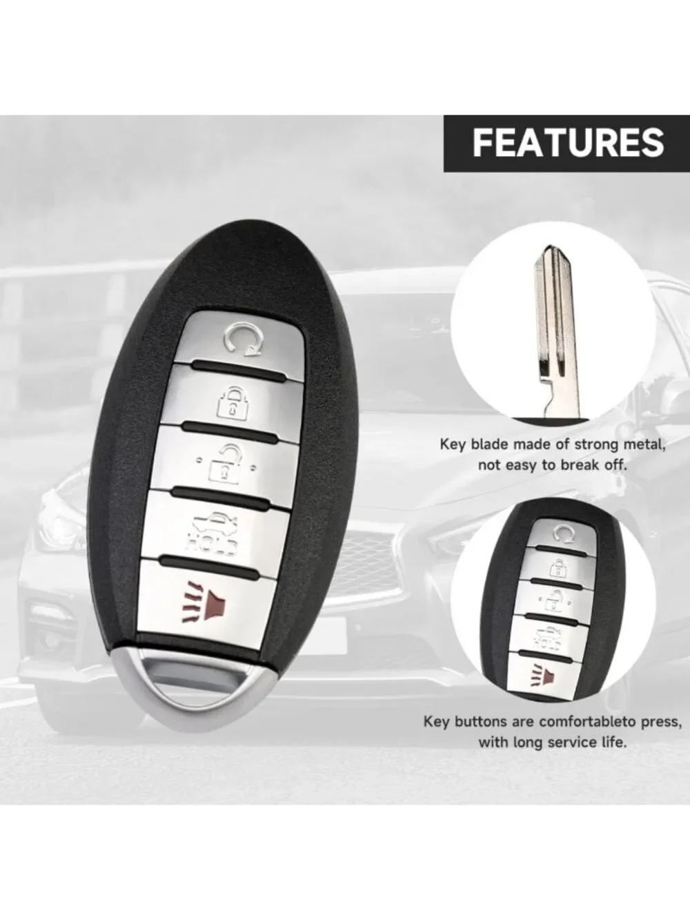 5-Button Key Fob Cover Shell Case Replacement for Nissan & Infiniti Models